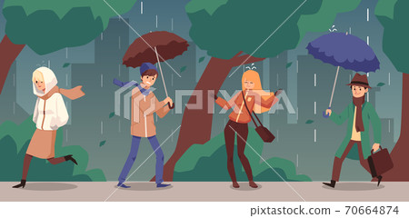 Rainy and windy autumn day background with characters flat vector illustration. Rainy and windy autumn day background with characters flat vector illustration. 70664874