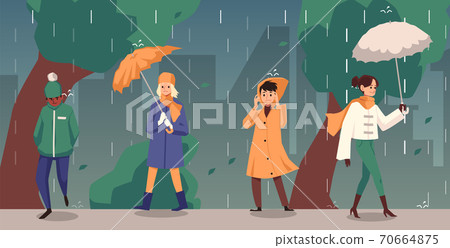 Autumn background with people under the rain in city, flat vector illustration. Autumn background with people under the rain in city, flat vector illustration. 70664875