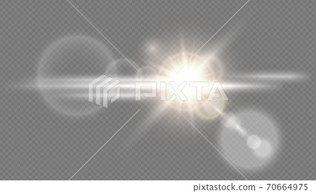 Abstract golden front sun lens flare translucent special light effect design. Vector blur glow glare 70664975