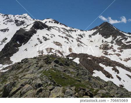 view from Simmingjochl mountain saddle on sharp snow-capped peaks at Stubai hiking trail, Stubai Hohenweg, Alpine landscape of Tyrol, Stubai Alps, Austria. Summer blue sky 70665069
