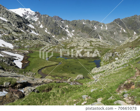 Top view of beautiful wetland with spring stream, alpine mountain meadow called Paradies with lush green grass and snow capped mountain peaks. Stubai hiking trail, Summer Tyrol Alps, Austria Top view of beautiful wetland with spring stream, alpine mountain meadow called Paradies with lush green grass and snow capped mountain peaks. Stubai hiking trail, Summer Tyrol Alps, Austria 70665078