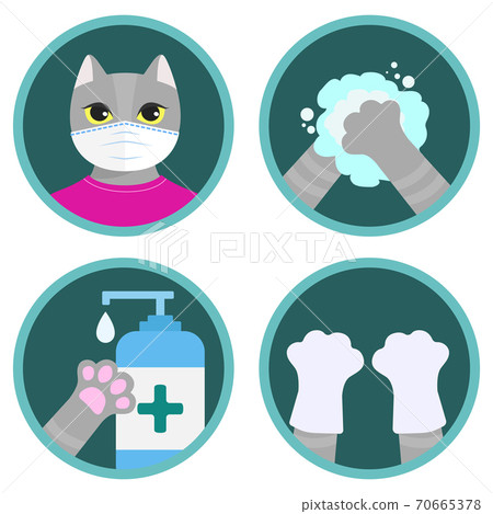 Safety measures against COVID-19 illustrated by the cute cartoon cat. Set of flat vector icons: wear a mask, wash your hands, use sanitizer, wear gloves. Funny instruction for children 70665378