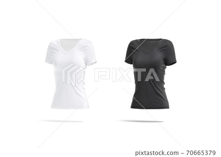 Blank black and white women slimfit t-shirt mockup, side view 70665379