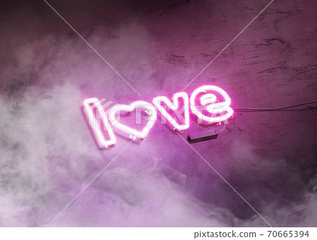 Neon love symbol on dark stone wall mockup with smoke Neon love symbol on dark stone wall mockup with smoke 70665394