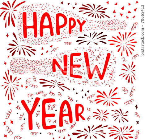 Happy New Year - hand draw sign with champagne bottle and firework. Vector stocl illustartion for banner, greeting card. 70665412