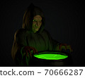 Halloween witch stirring in green poison soup in her cauldron 70666287
