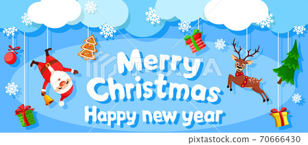 Christmas background with santa claus, deer and gifts hang on threads. Happy New Year Christmas background with santa claus, deer and gifts hang on threads. Happy New Year 70666430