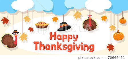 Festive background for Thanksgiving day with turkey bird, pumpkin, hat and leaves. Copy space Festive background for Thanksgiving day with turkey bird, pumpkin, hat and leaves. Copy space 70666431
