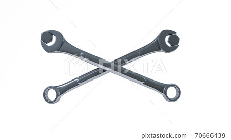 3D rendering, Close up of two wrench spanner and nut crossed, shiny reflection, isolated on white background. 3D rendering, Close up of two wrench spanner and nut crossed, shiny reflection, isolated on white background. 70666439
