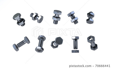 3D rendering, Realistic mock up of screw and bolts different side, steel and metal texture with shiny reflection, isolated on white background. 3D rendering, Realistic mock up of screw and bolts different side, steel and metal texture with shiny reflection, isolated on white background. 70666441