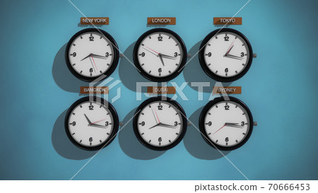 3D Rendering,Realistic vintage clock on the blue green wall background, time zone concept design. 70666453
