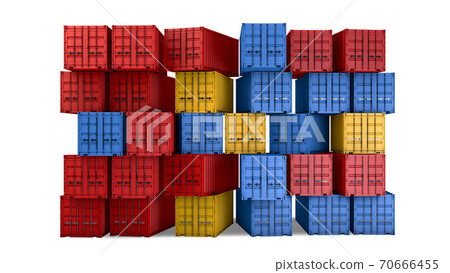 3D Rendering, Realistic mock-up of colorful shipping containers wall, import export business illustration concept, isolated on white background. 70666455