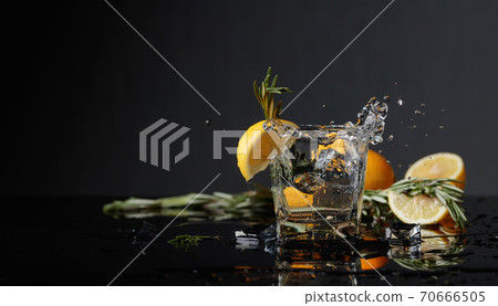 Gin-tonic with lemon slices and twigs of rosemary. Gin-tonic with lemon slices and twigs of rosemary. 70666505