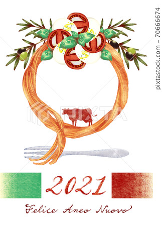 意大利風格的新年賀卡2021明信片模板（意大利語/帶有民間和母牛/帶有圓圈的邊距） 70666674