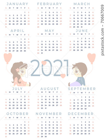 Calendar 2021. a year - 12 months. A couple in love - a cute boy and a girl are sitting with a balloon in their hands. Design planner, stationery, print, kids collection. Vector, vertical A3 format Calendar 2021. a year - 12 months. A couple in love - a cute boy and a girl are sitting with a balloon in their hands. Design planner, stationery, print, kids collection. Vector, vertical A3 format 70667009