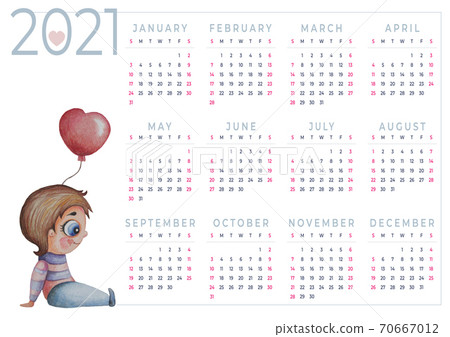 Calendar 2021 watercolor. Annual calendar for 12 months. Watercolor - a cute boy sitting with a balloon in his hands. Design planner, stationery, print, organizer, kids collection. A3 horizontal 70667012