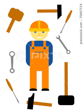 Specialist repairman with a tool in a helmet. 70667554