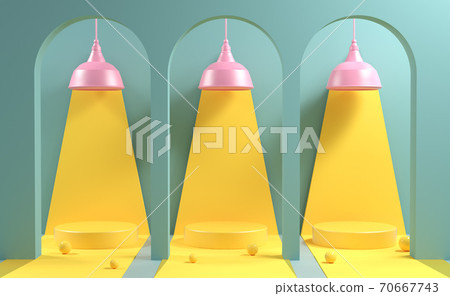 Mockup Three Stage In Yellow Hilight With Pink Lamp And Green Tunnel Background 3d Render 70667743