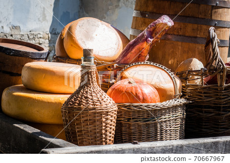Set of products round cheese, vintage wine and jamon. Set of products round cheese, vintage wine and jamon. 70667967