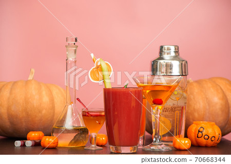 halloween bar cocktails party on pink background copy space halloween bar cocktails party on pink background copy space 70668344
