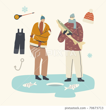Fishermen Characters in Warm Clothes Fishing on Ice Catching Fish with Rod at Winter. Ice Fishing Wintertime Activities 70673713