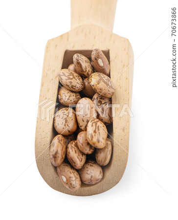 Organic cranberry bean in wooden spoon isolated on white background (pinto, bean). 70673866