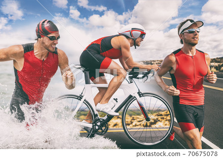 Triathlon swim bike run triathlete man training for ironman race concept. Three pictures composite of fitness athlete running, biking, and swimming in ocean. Professional cyclist, runner, swimmer Triathlon swim bike run triathlete man training for ironman race concept. Three pictures composite of fitness athlete running, biking, and swimming in ocean. Professional cyclist, runner, swimmer 70675078