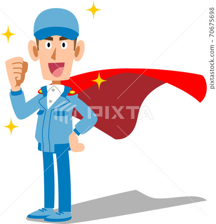 Guts pose of male staff wearing work clothes and wearing a hero-like cloak Guts pose of male staff wearing work clothes and wearing a hero-like cloak 70675698