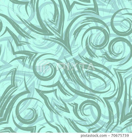 Vector green seamless pattern of waves or swirl drawn with a brush for decor on a turquoise background.Smooth uneven lines in the form of spirals of corners and loops. Vector green seamless pattern of waves or swirl drawn with a brush for decor on a turquoise background.Smooth uneven lines in the form of spirals of corners and loops. 70675739