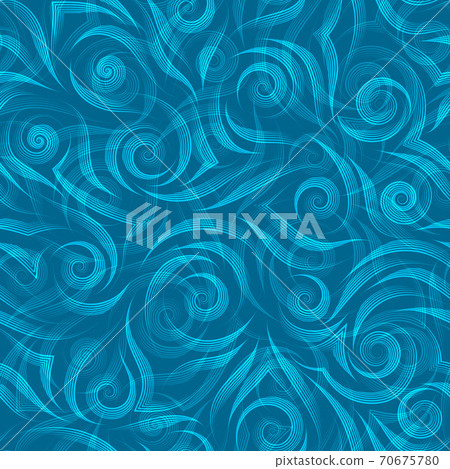 Stock seamless vector pattern of smooth stripes of blue color in the form of spirals and waves on a blue background. Bright texture from abstract shapes drawn by a pen. Stock seamless vector pattern of smooth stripes of blue color in the form of spirals and waves on a blue background. Bright texture from abstract shapes drawn by a pen. 70675780