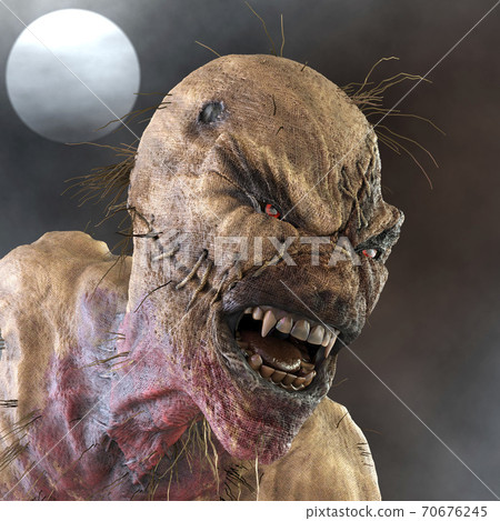 Straw man scarecrow monster against the background of the night sky and the moon 3d illustration 70676245