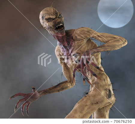 Straw man scarecrow monster against the background of the night sky and the moon 3d illustration 70676250