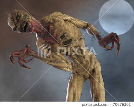 Straw man scarecrow monster against the background of the night sky and the moon 3d illustration 70676261