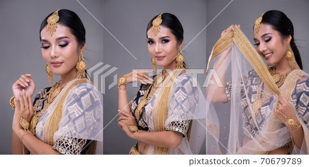 Indian beautiful bridal woman wear Traditional wedding dress costume 70679789