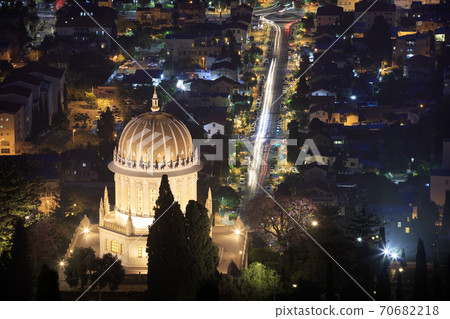 The golden dome of the Bahai Temple in Haifa illuminated by night lights. Israel. The golden dome of the Bahai Temple in Haifa illuminated by night lights. Israel. 70682218