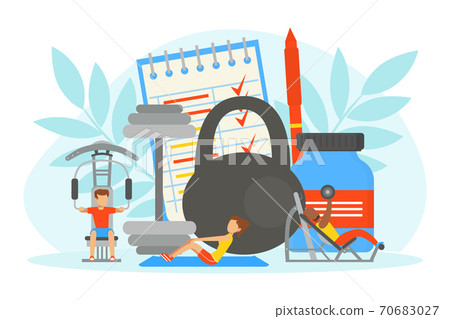 Tiny People Doing Sports Exercises in Gym, Huge Sports Equipment and Nutrition Supplements, Fitness Class, Healthy Lifestyle Concept Vector Illustration 70683027