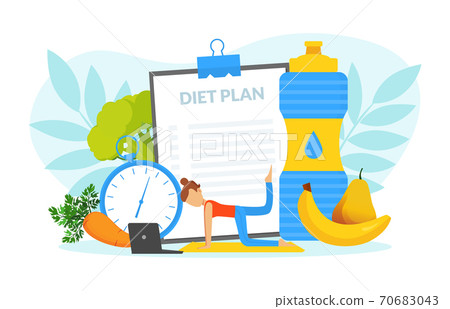 Healthy Lifestyle, Tiny Woman Training her Body in Gym and Eating Healthy Food, Weight Loss Concept Vector Illustration Healthy Lifestyle, Tiny Woman Training her Body in Gym and Eating Healthy Food, Weight Loss Concept Vector Illustration 70683043
