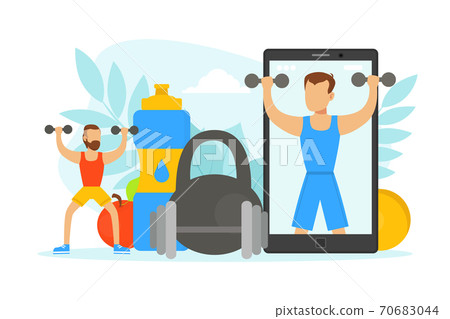 Tiny Man Doing Physical Exercises with Dumbbells with Online Coach, Healthy Lifestyle Concept Vector Illustration Tiny Man Doing Physical Exercises with Dumbbells with Online Coach, Healthy Lifestyle Concept Vector Illustration 70683044
