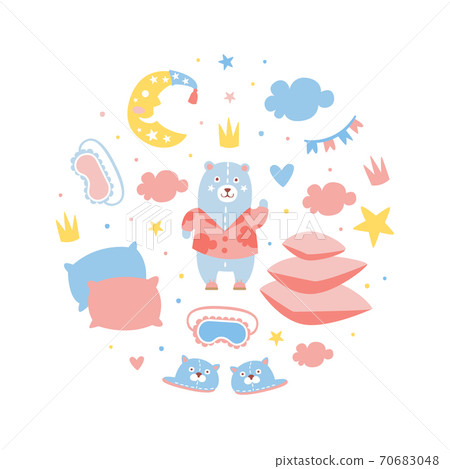 Slumber Party Banner Template, Childish Holiday Invitation Card Design with Party Symbols of Round Shape Cartoon Vector Illustration Slumber Party Banner Template, Childish Holiday Invitation Card Design with Party Symbols of Round Shape Cartoon Vector Illustration 70683048