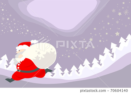 [Horizontal/rectangular] Santa Claus carrying a bag of presents and running in the snowy field at night 70684140