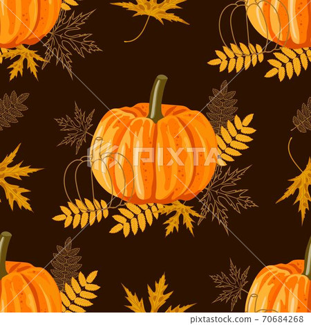 Seamless pattern with autumn leaves and pumpkins - Stock Illustration ...