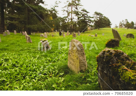 Old ancient Jewish cemetery historical place in Miory, Vitebsk region, Belarus. Mystical atmosphere, monuments covered by moss, green grass and yellow red autumn leaves, heavy grey sky 70685020