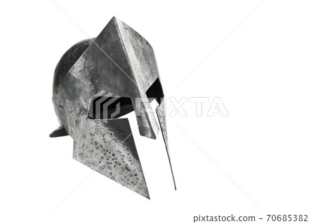 Antique iron spartan head protection isolated on white. 70685382