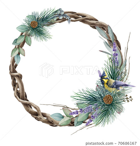 Floral winter wreath with tit bird illustration. Floral winter wreath with tit bird illustration. 70686167