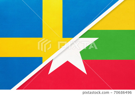 Sweden and Myanmar or Burma, symbol of national flags from textile. 70686496
