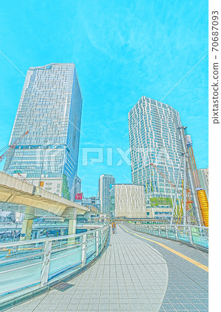 [Anime style] Cityscape of Tokyo Scenery from Shibuya Station West Exit Pedestrian Bridge 70687093