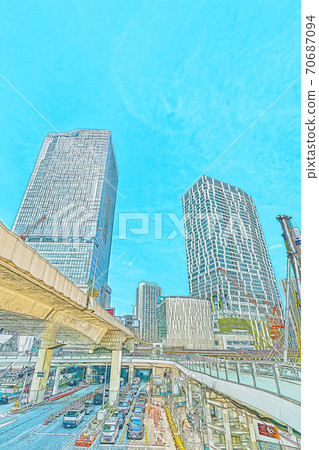 [Anime style] Cityscape of Tokyo Scenery from Shibuya Station West Exit Pedestrian Bridge 70687094
