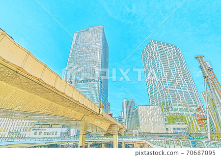 [Anime style] Cityscape of Tokyo Scenery from Shibuya Station West Exit Pedestrian Bridge 70687095