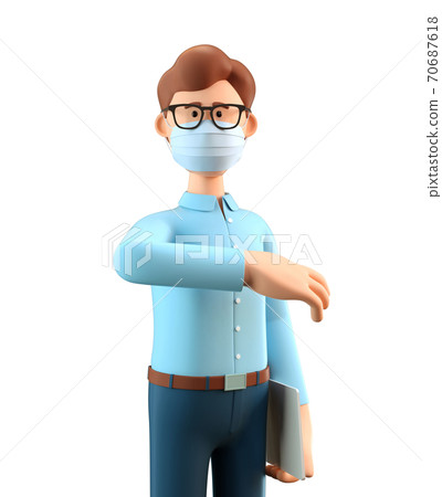 Businessman wearing protective face mask and greeting bumping elbow. 3D illustration of standing man with tablet. 70687618