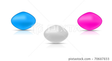 Three active pills for erection. Pink, blue and gray tablets.Vector illustration with shadow and reflection on white background. 70687833